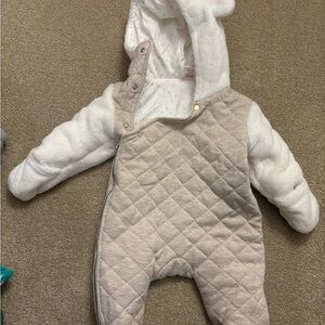 3-6 mo Quilted Neutral Baby Snowsuit - Beige & White